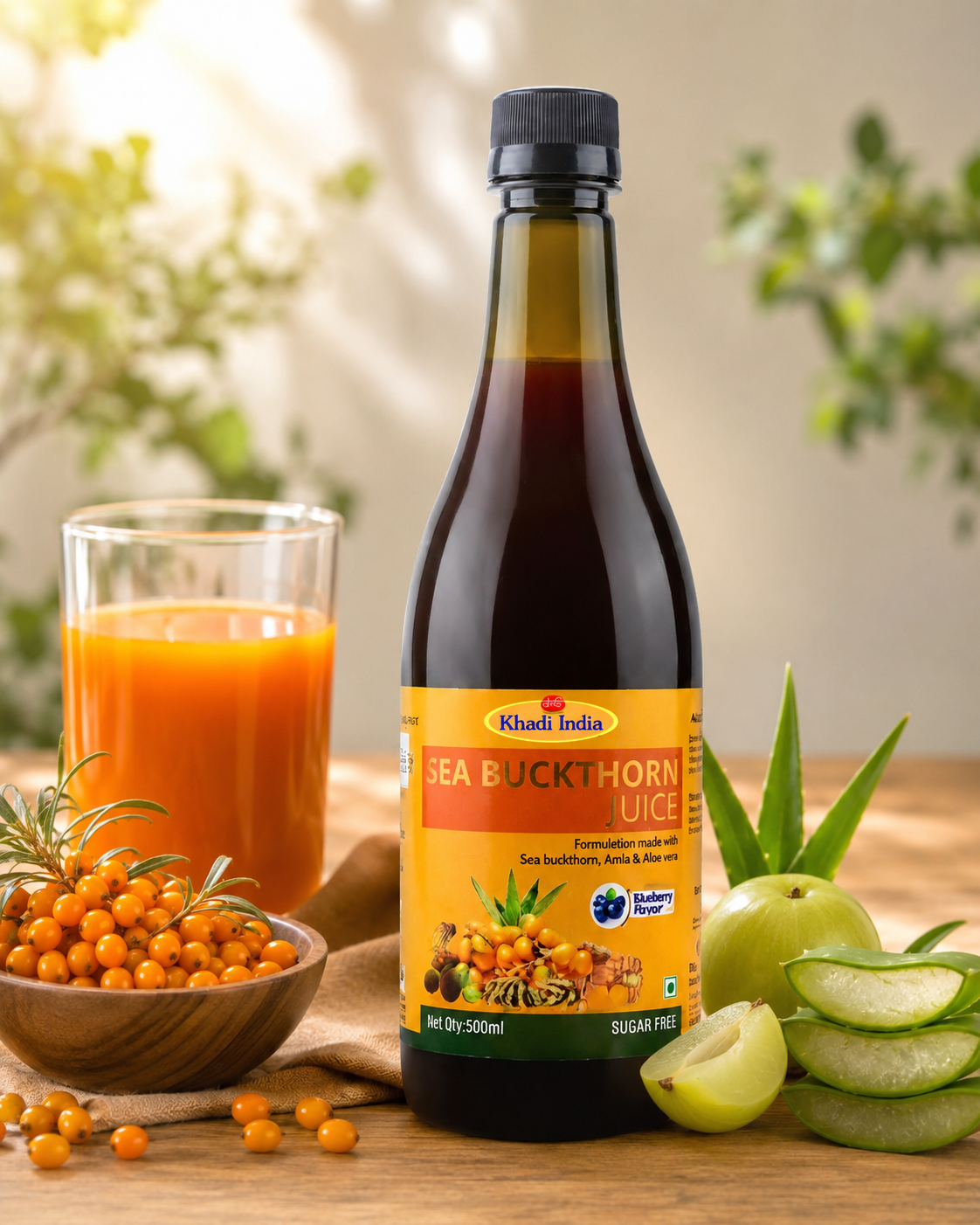 ANCIENT FLAVOURS |  Pure Sea Buckthorn Juice in a convenient 500ml bottle. Rich in natural vitamins, minerals, and antioxidants, this golden juice supports immunity and overall wellness.