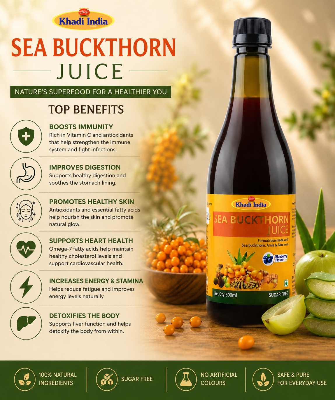 ANCIENT FLAVOURS |  Pure Sea Buckthorn Juice in a convenient 500ml bottle. Rich in natural vitamins, minerals, and antioxidants, this golden juice supports immunity and overall wellness.